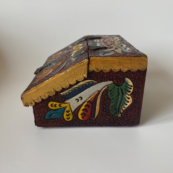 Vintage TOOLED LEATHER BOX with Drawers Leather on Wood Hand Painted Rare - Picture 8 of 10